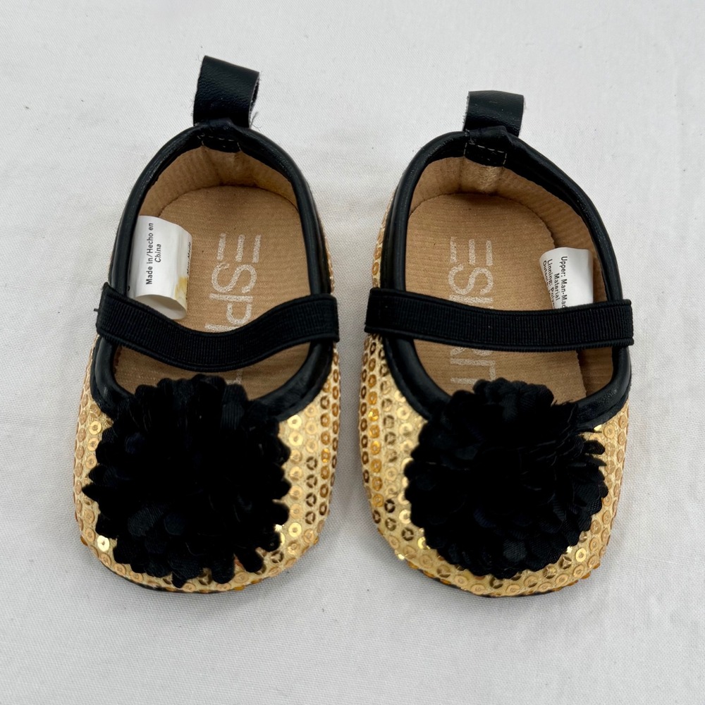 Vintage Esprit Baby Gold Sequin Black Flower Mary Jane Crib Shoes 0-6 Months